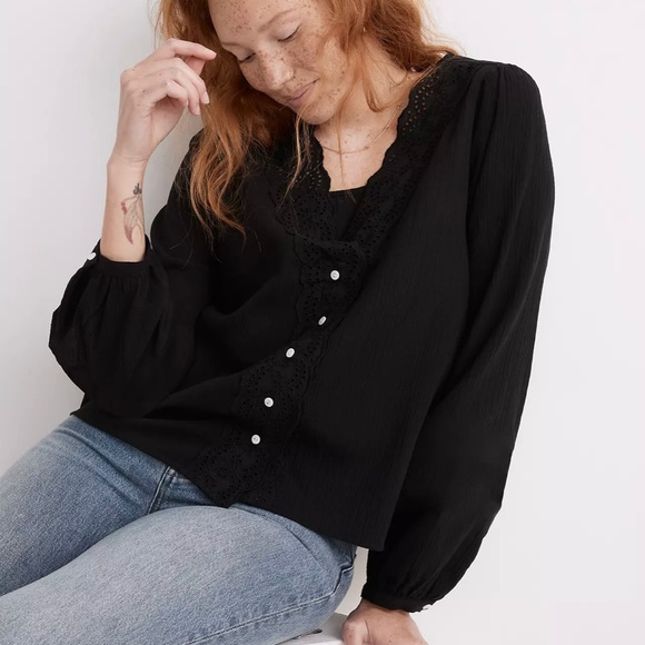 NWT Madewell Eyelet-Trim Twin Set Top in Black - Medium - Picture 3 of 4